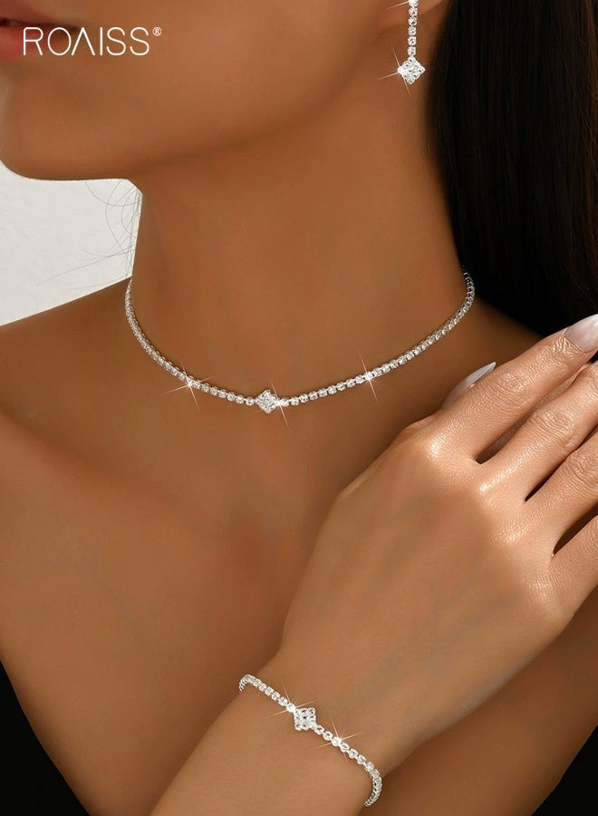 roaiss 3Pcs Silver Bridal Wedding Jewelry Set, Dainty Sparkly Rhinestone Necklace Earrings Bracelet Sets, Formal Costume Jewelry for Women and Brides - Image 1