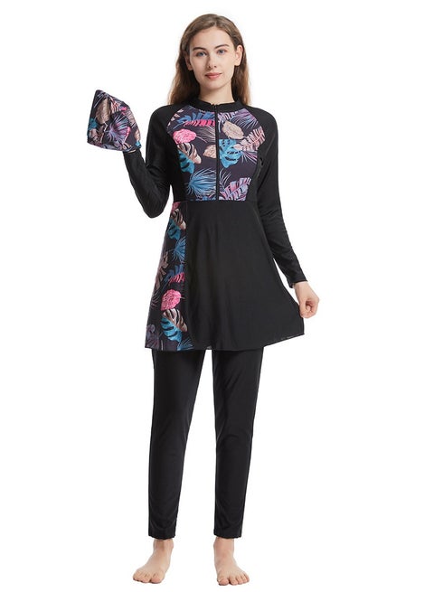 3 قطع نساء طباعة ملابس السباحة المسبقة المسلمة حماية الشمس حماية ملابس السباحة سراويل السباحة كاب السيدات شاطئ البحر تنورة بيكيني لباس الملابس العربية