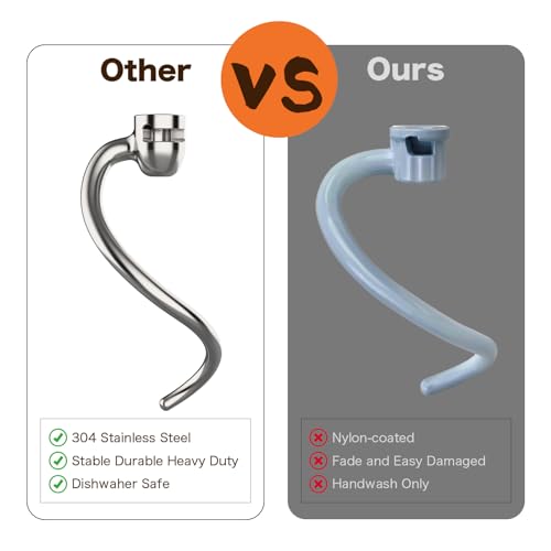 YANUS Stainless Steel Dough Hook Replacement for KitchenAid 5qt-6qt, Bowl-Lift Stand Mixer Accessories Fit for Professional 5 Plus and 600 Seris Mixers (KV25 KP25 KP26 KL26 KT26 KSM55/60 KSM6521) - Image 4