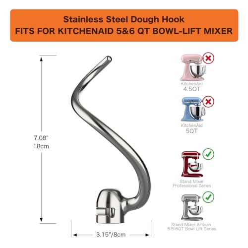YANUS Stainless Steel Dough Hook Replacement for KitchenAid 5qt-6qt, Bowl-Lift Stand Mixer Accessories Fit for Professional 5 Plus and 600 Seris Mixers (KV25 KP25 KP26 KL26 KT26 KSM55/60 KSM6521) - Image 2