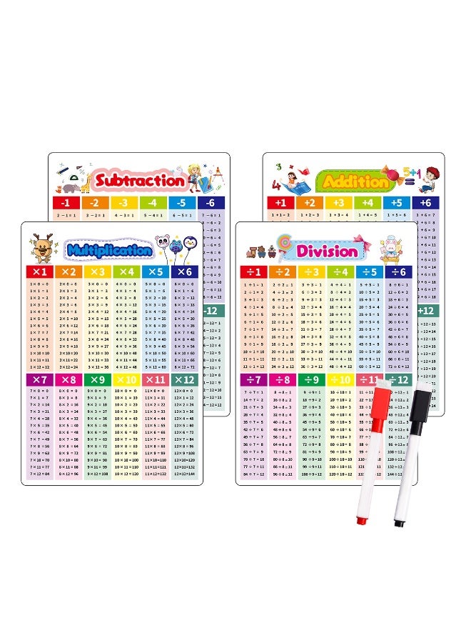 لوحات جدول الرياضيات الملصقة Dinggaogao 11.69x 8.27 بوصة - جدول الضرب والقسمة والجمع والطرح التعليمية للأطفال (4 قطع) - Image 1