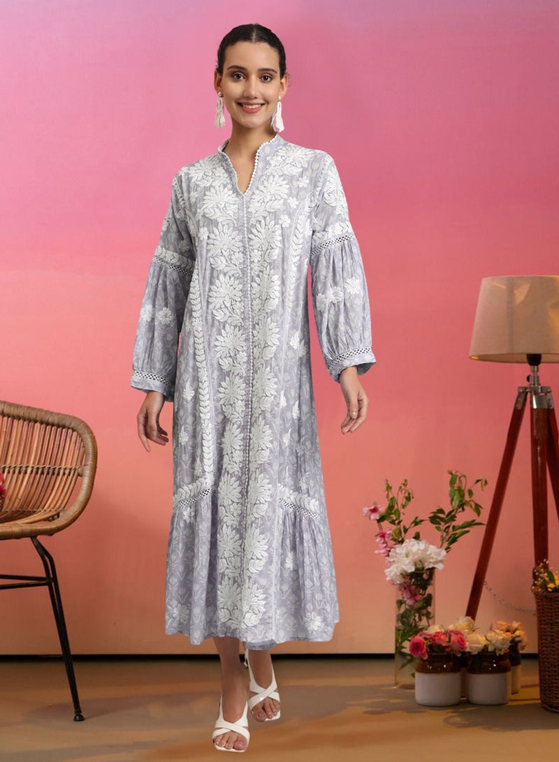 الايا جلابية مطبوعة من قطن الململ المطرز يدويًا بشيكانكاري - Image 1