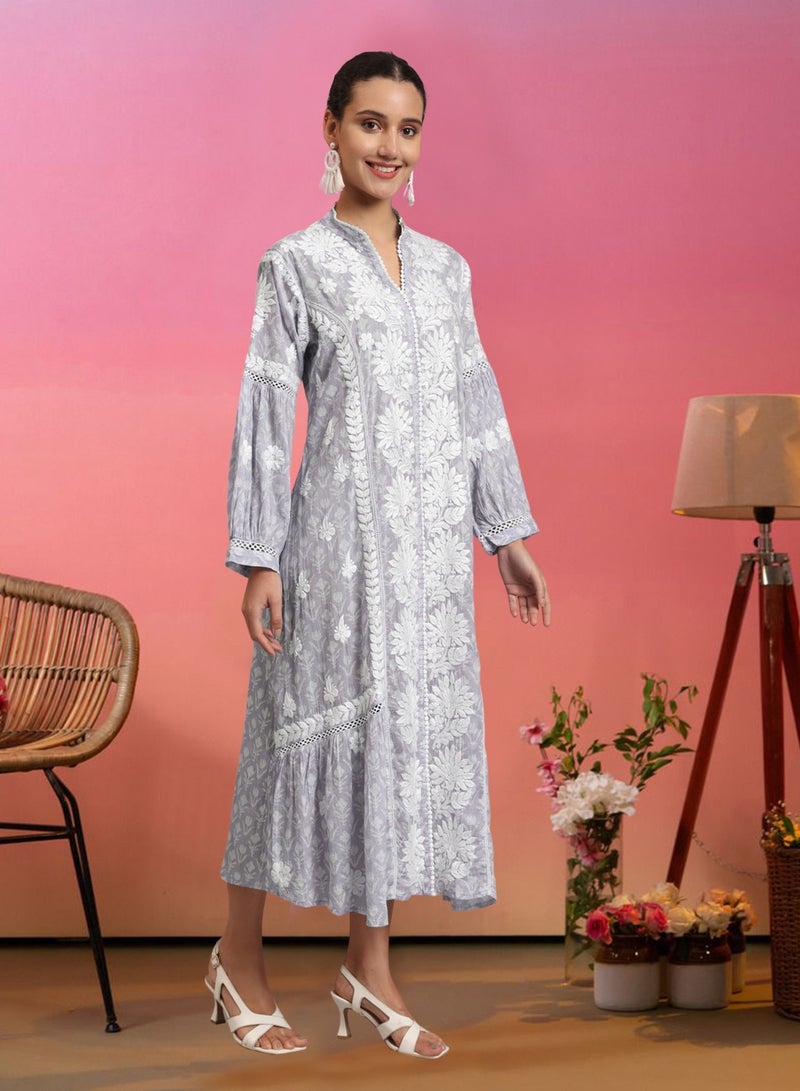 الايا جلابية مطبوعة من قطن الململ المطرز يدويًا بشيكانكاري - Image 3