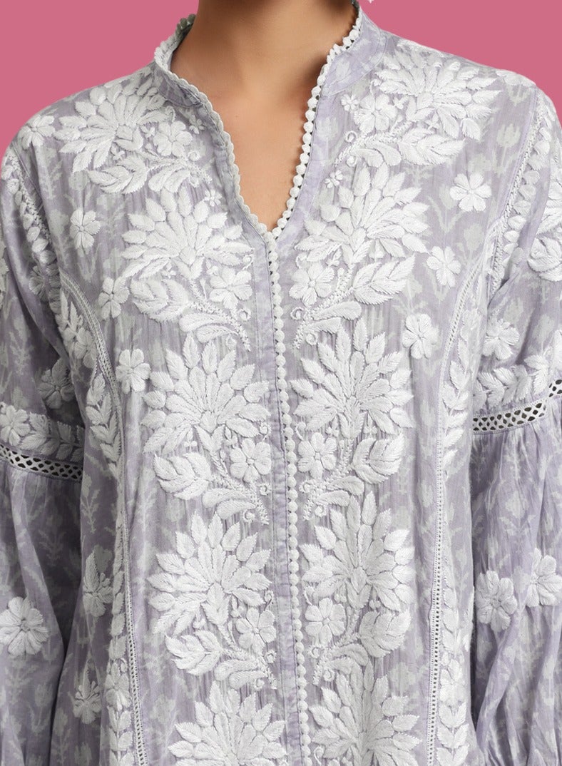 الايا جلابية مطبوعة من قطن الململ المطرز يدويًا بشيكانكاري - Image 5