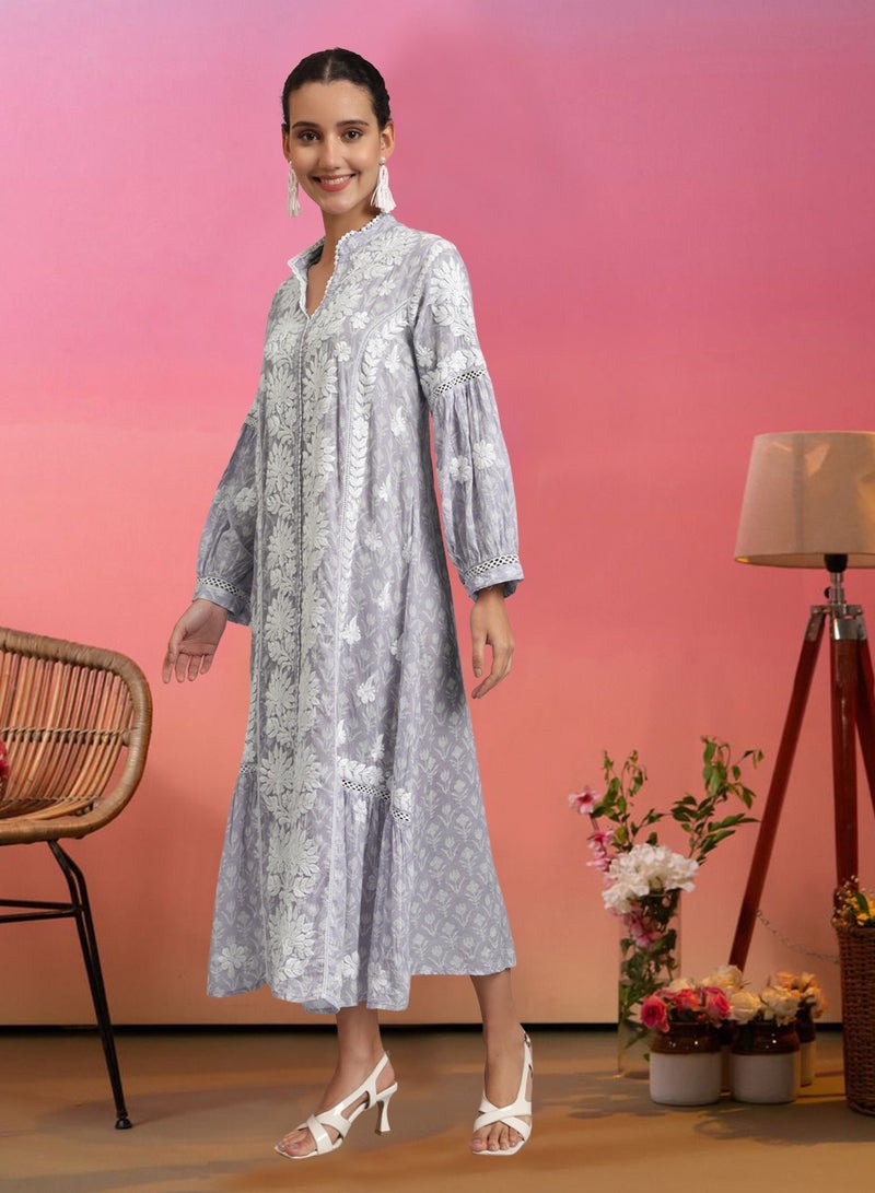 الايا جلابية مطبوعة من قطن الململ المطرز يدويًا بشيكانكاري - Image 4