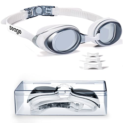 Seago Shortsighted Swimming Goggles Nearsighted Swim Goggles Anti Fog UV Protection Fit for Adult Men Women Youth Junior, No Leaking Clear Vision Pool Swim Glasses Tinted Flat Lens with 3 Nose Pieces - Image 1
