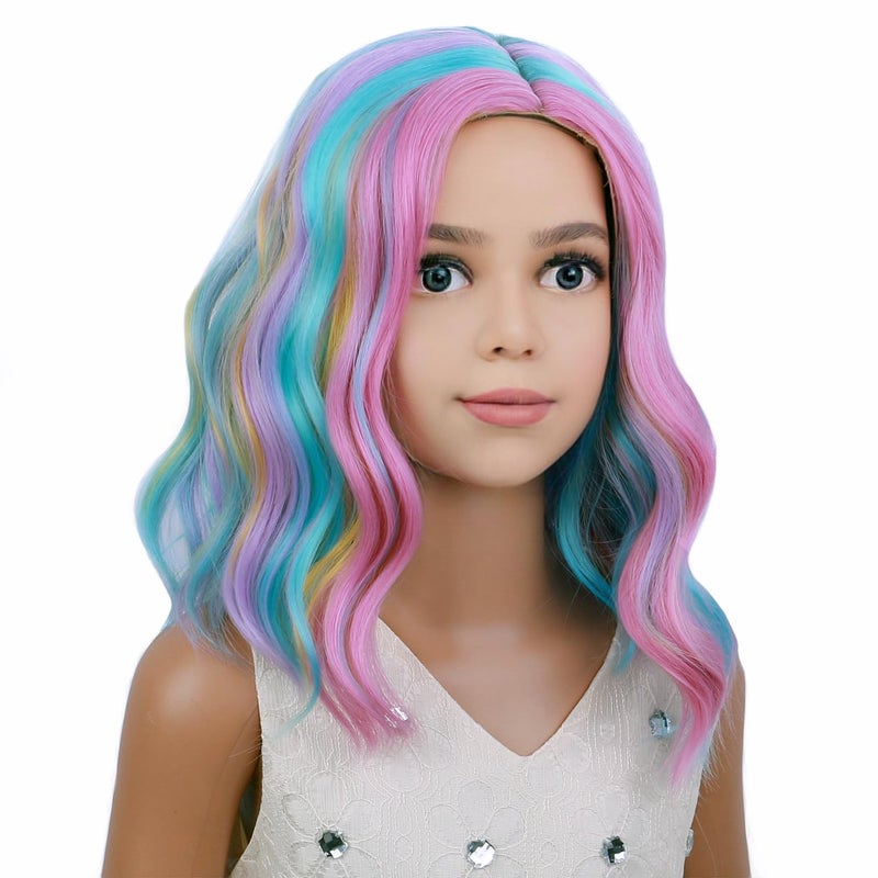 PATTNIUM Kids Child Rainbow Wig Short Wavy Colorful Wig Multicolor Wigs Girls Synthetic Cosplay Halloween Party Costume Wigs - Image 1