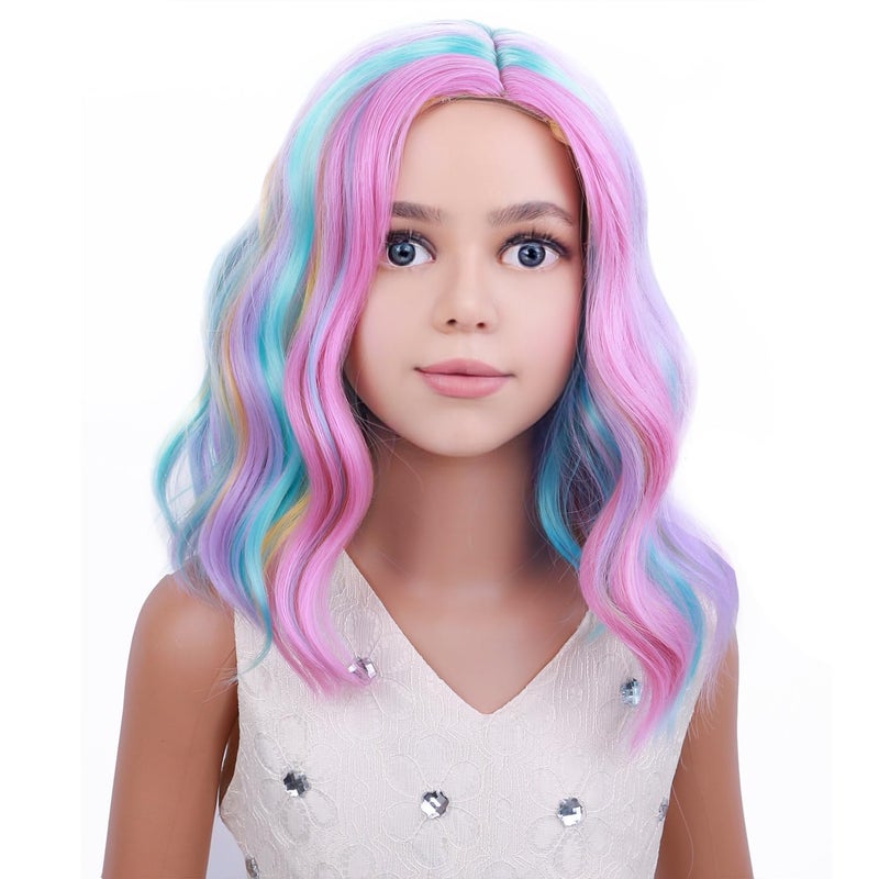 PATTNIUM Kids Child Rainbow Wig Short Wavy Colorful Wig Multicolor Wigs Girls Synthetic Cosplay Halloween Party Costume Wigs - Image 2
