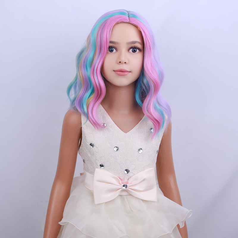 PATTNIUM Kids Child Rainbow Wig Short Wavy Colorful Wig Multicolor Wigs Girls Synthetic Cosplay Halloween Party Costume Wigs - Image 4
