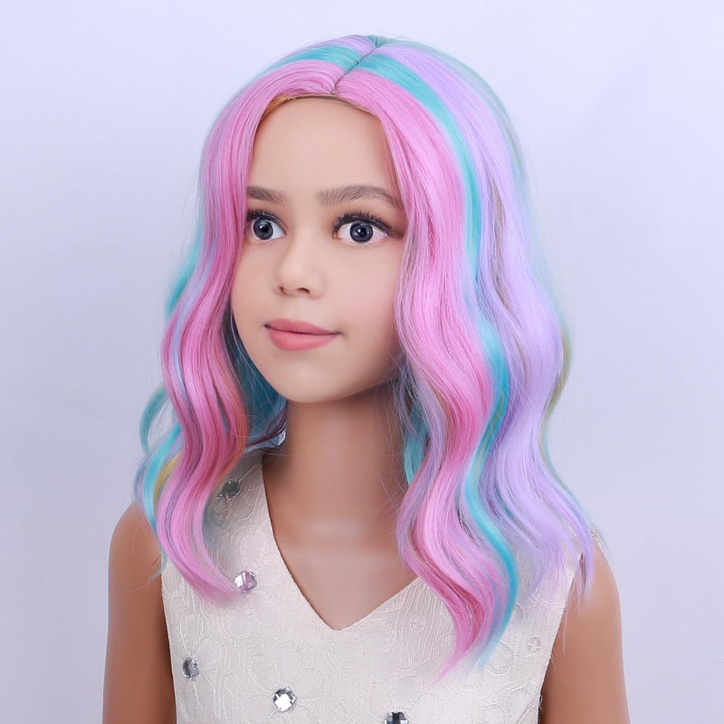 PATTNIUM Kids Child Rainbow Wig Short Wavy Colorful Wig Multicolor Wigs Girls Synthetic Cosplay Halloween Party Costume Wigs - Image 3