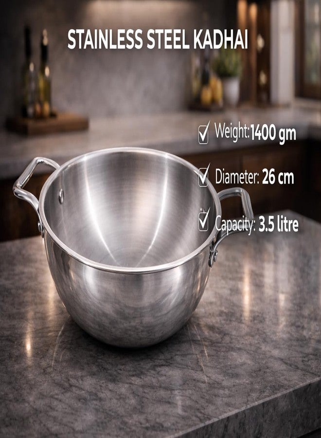 WEKTU Triply Stainless Steel Kadhai, 3.5 Litre Capacity, 26 cm Diameter, 3-Ply Construction with Aluminium Core, Induction Compatible - Image 2
