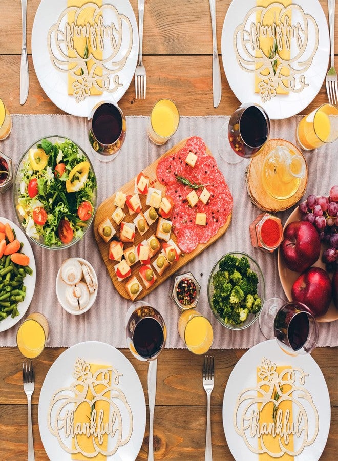 كويكاي مجموعة كويكاي من 12 قطعة من أطباق اليقطين الخشبية لتزيين عيد الشكر، لافتات خشبية مقطوعة تحمل عبارات شكر، بطاقات تعريفية، ديكور طاولة، أفكار لتزيين عيد الشكر، لافتة حروف ريفية - Image 3