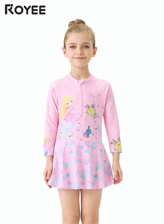 Royee Children's Mermaid Swimsuit， Long sleeved One Piece Sun Proof kids Swimwear With Swim Cap For Height 70-120cm Girls - Image 2