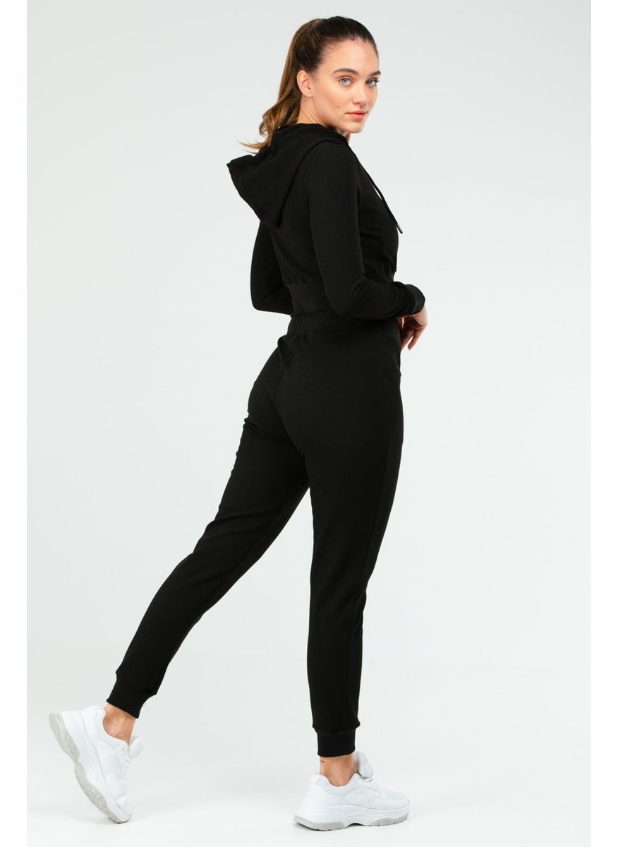 Tekno Trust Sportswear Black Regular Fit Plain Hooded Full Length Zippered Women's Crop Tracksuit Sports Regular  - Image 4