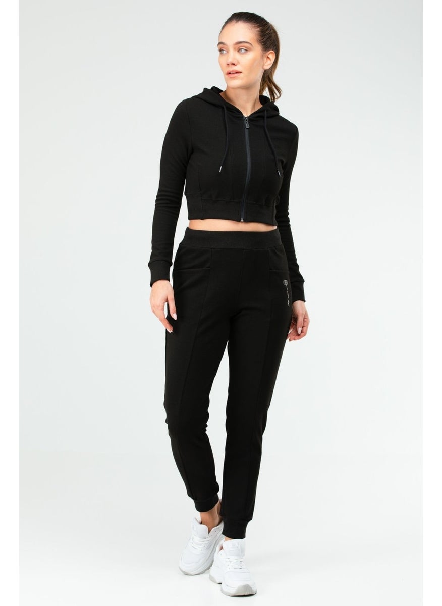 Tekno Trust Sportswear Black Regular Fit Plain Hooded Full Length Zippered Women's Crop Tracksuit Sports Regular  - Image 1