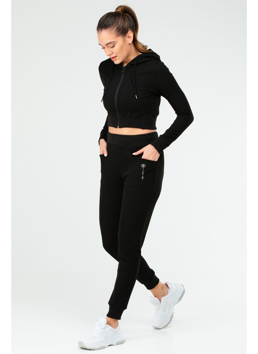 Tekno Trust Sportswear Black Regular Fit Plain Hooded Full Length Zippered Women's Crop Tracksuit Sports Regular  - Image 3