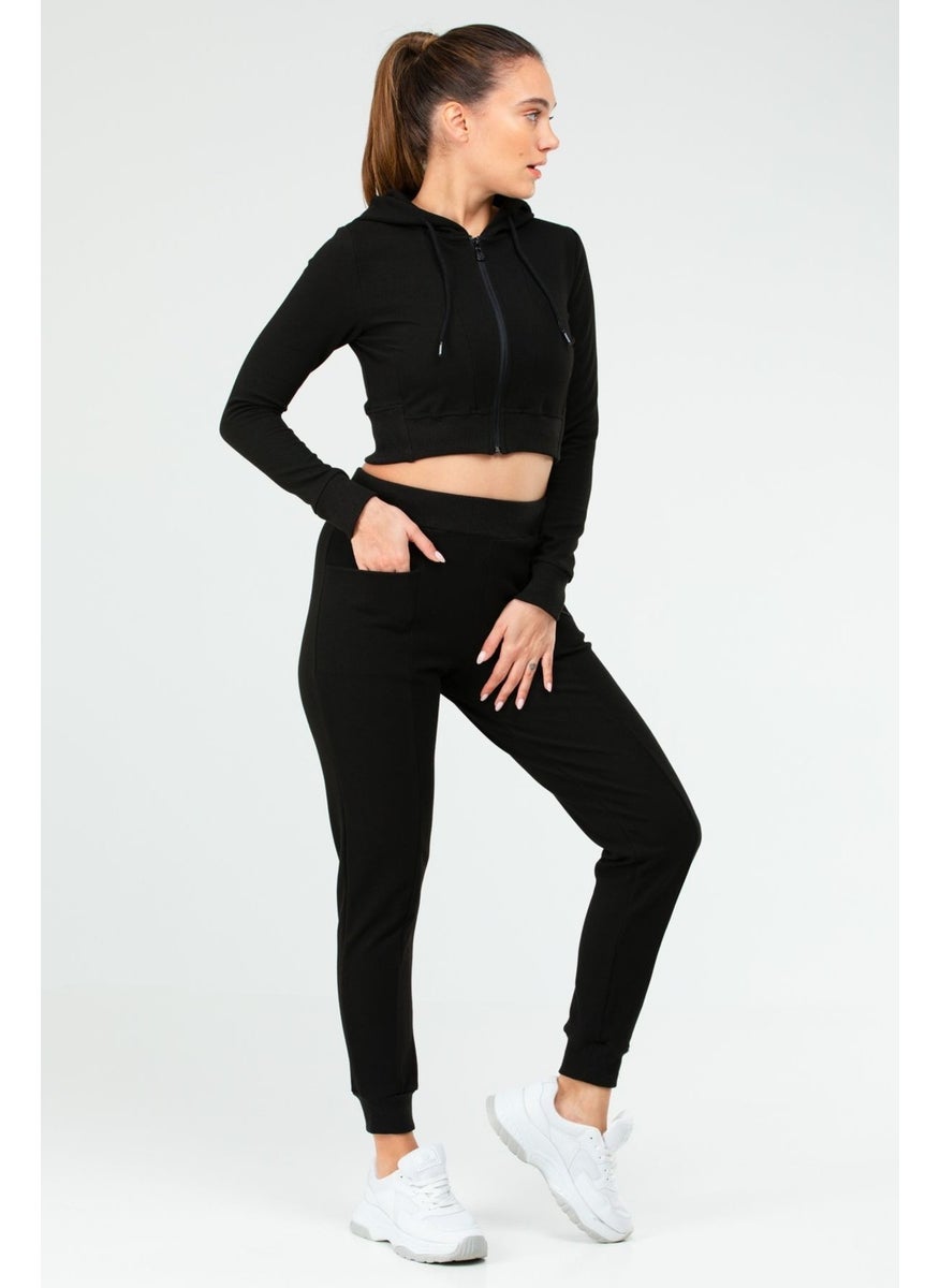 Tekno Trust Sportswear Black Regular Fit Plain Hooded Full Length Zippered Women's Crop Tracksuit Sports Regular  - Image 2