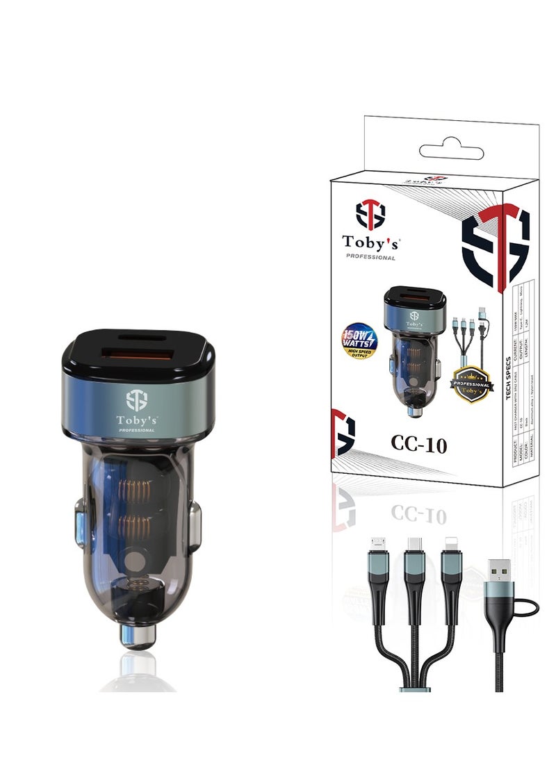 توبيز شاحن توبي CC-10 بقوة 150 واط مع كابل 3 في 2 - مخرج نوع-C، لايتنينغ وميكرو، بطول 1.2 متر، مصنوع من سبيكة الألمنيوم القابلة للتحمل وضفيرة نايلون. - Image 1