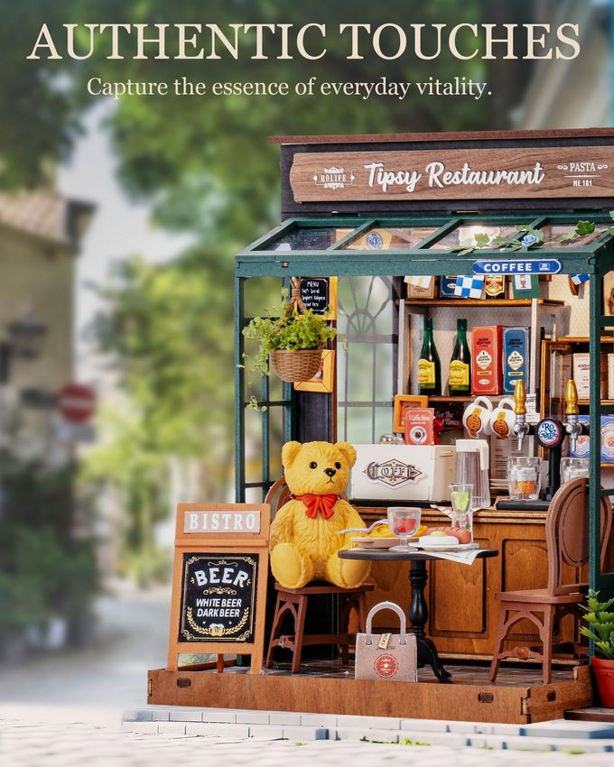 Rolife DIY Miniature House Kit 1:18 Coffe&Bar Dollhouse Diorama Model, Build Mini House Building Kit with LED Light Hobby Crafts for Adults Gift for Him Her (Tipsy Restaurant) - Image 5
