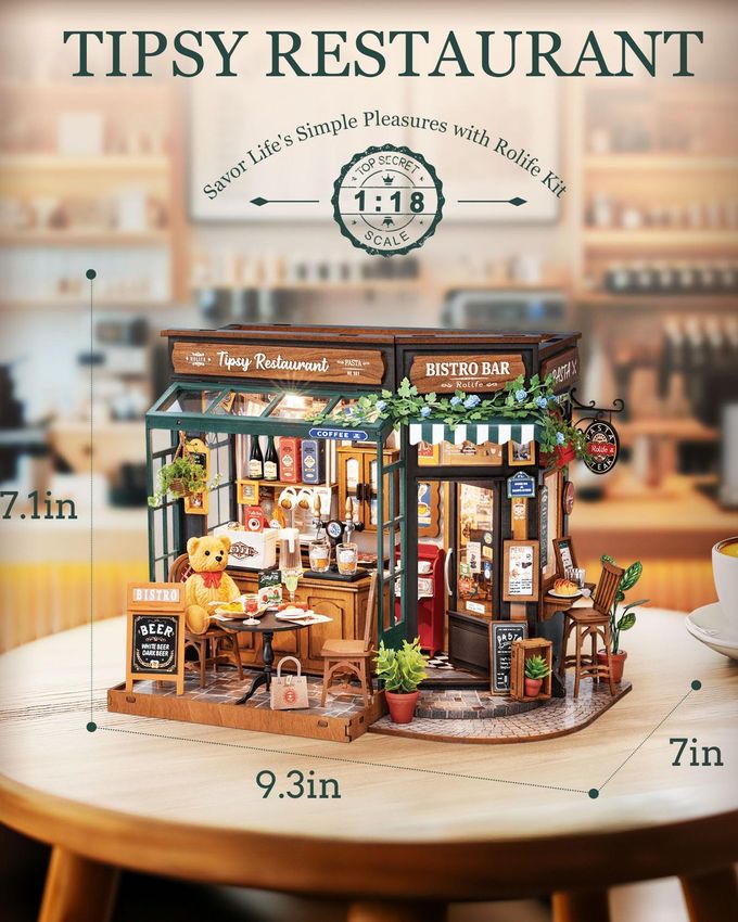 Rolife DIY Miniature House Kit 1:18 Coffe&Bar Dollhouse Diorama Model, Build Mini House Building Kit with LED Light Hobby Crafts for Adults Gift for Him Her (Tipsy Restaurant) - Image 2