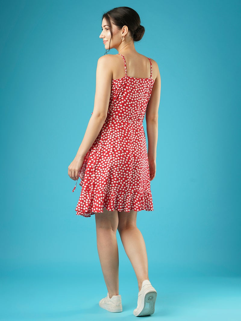 globus Globus Women Polka Dots Frilled Wrap-Neck Strappy Shoulder Waist Tie-Up Fit & Flare Dress  - Image 3