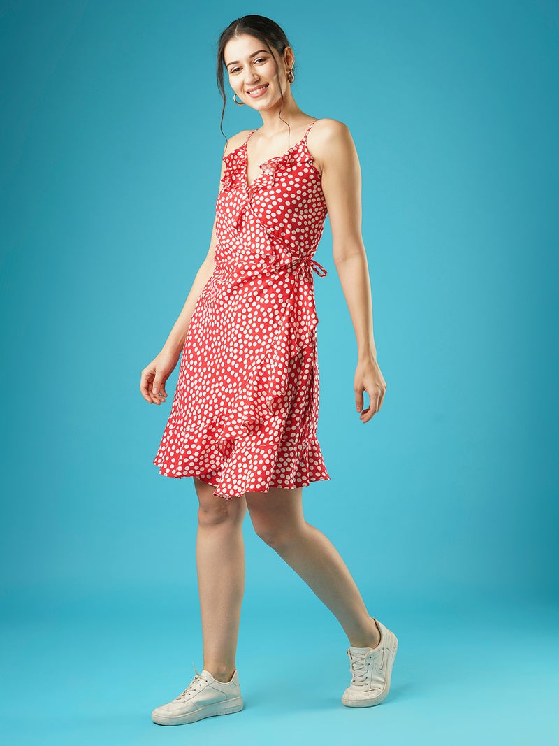 globus Globus Women Polka Dots Frilled Wrap-Neck Strappy Shoulder Waist Tie-Up Fit & Flare Dress  - Image 2