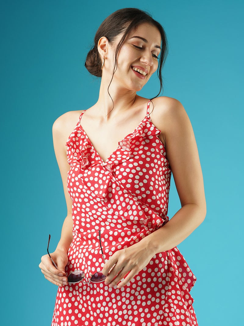 globus Globus Women Polka Dots Frilled Wrap-Neck Strappy Shoulder Waist Tie-Up Fit & Flare Dress  - Image 5