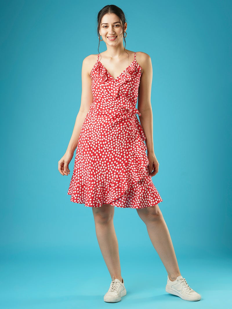 globus Globus Women Polka Dots Frilled Wrap-Neck Strappy Shoulder Waist Tie-Up Fit & Flare Dress  - Image 1