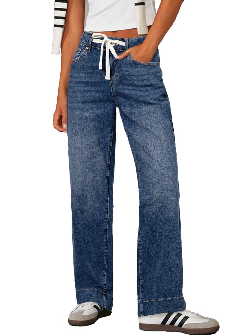 Sidefeel Women's Drawstring Straight Leg Western Outfit High Waisted Wide Leg Denim Pants Dark Blue Size 6 - Image 1