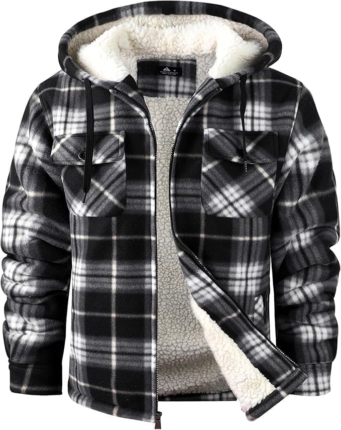 SCODI Men's Flannel Shirt Jacket Fleece Sherpa Lined Plaid Jackets Coat Full Zip Up Hoodie Winter Outwear Black White X-Large - Image 1