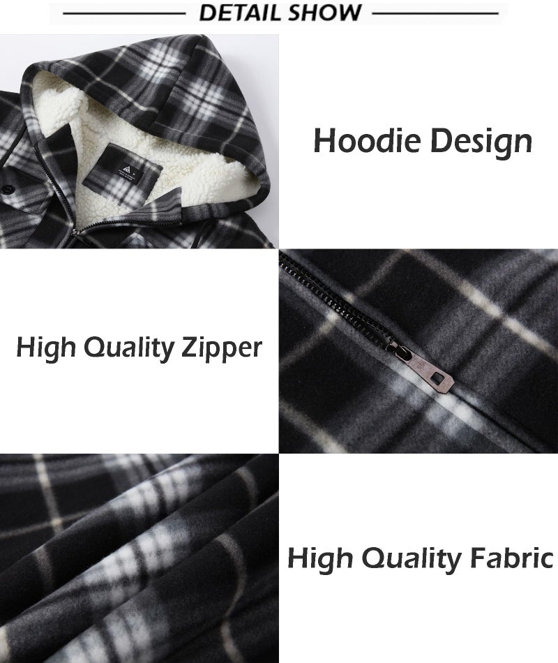 SCODI Men's Flannel Shirt Jacket Fleece Sherpa Lined Plaid Jackets Coat Full Zip Up Hoodie Winter Outwear Black White X-Large - Image 5