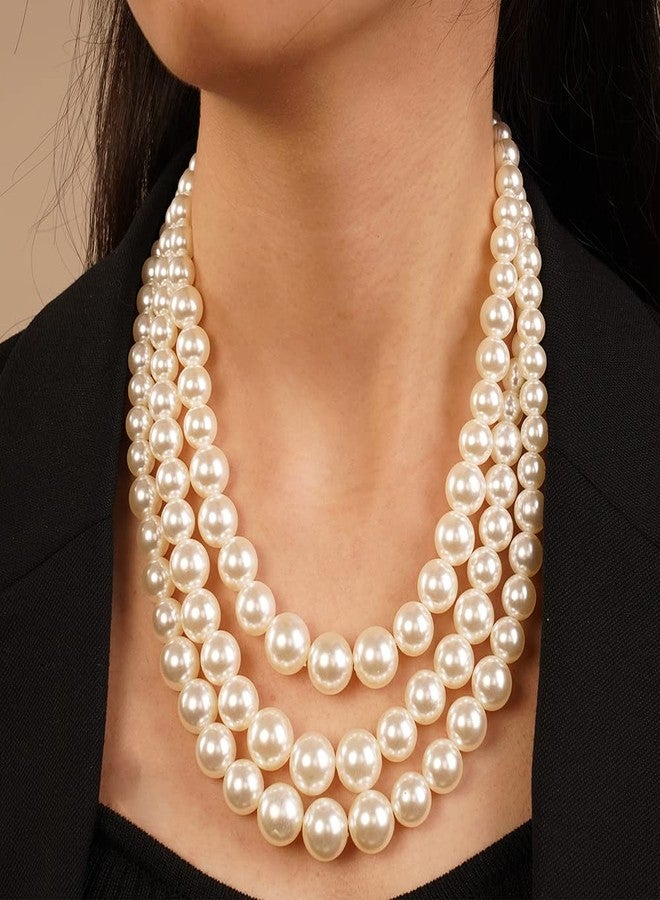 Chargances 3 Layered Beaded Strand Choker Pearl Statement Necklace and Earrings Set Round Ball Chunky Bib Collar for Women Gift Festival Party (White) - Image 2