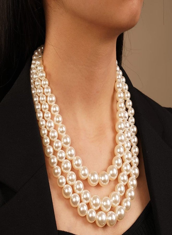 Chargances 3 Layered Beaded Strand Choker Pearl Statement Necklace and Earrings Set Round Ball Chunky Bib Collar for Women Gift Festival Party (White) - Image 3