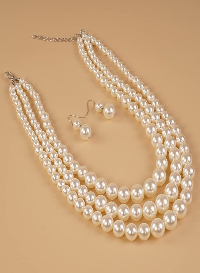 Chargances 3 Layered Beaded Strand Choker Pearl Statement Necklace and Earrings Set Round Ball Chunky Bib Collar for Women Gift Festival Party (White) - Image 4