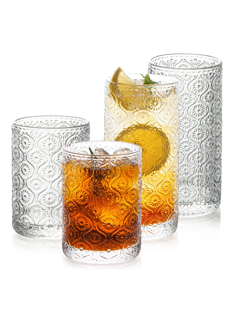 Excefore Vintage Coffee Mugs, Vintage Embossed Drinking Glasses Short Stem Water Glassware, Set of 4 Art Deco Glassware, for Home, Bars, Parties, Tea, Gift  - Image 1