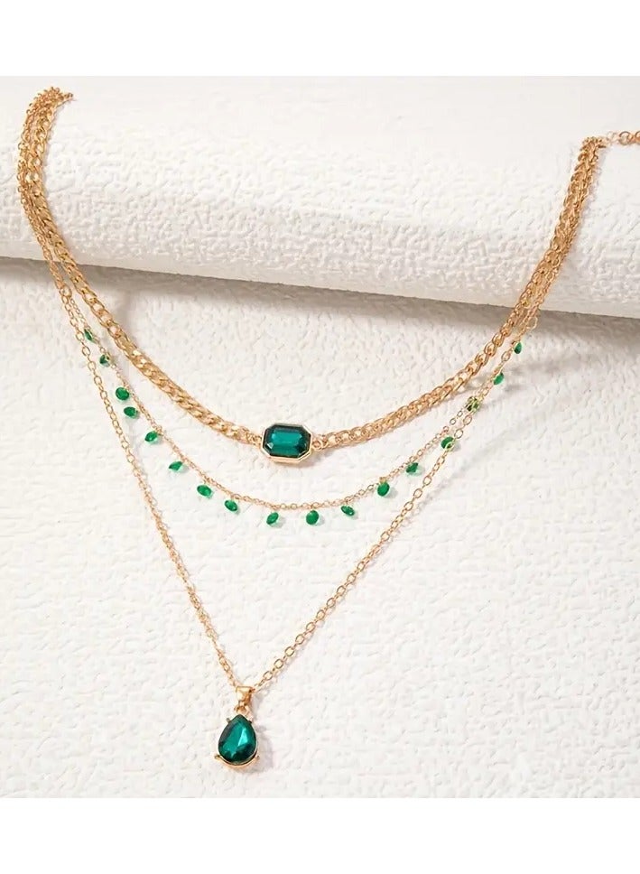 Goolsky Bohemian Vintage Style Imitation Green Faux Gemstone Pendant Necklace Multilayer Stacking Female Clavicle Chain Sweater Chain - Image 1