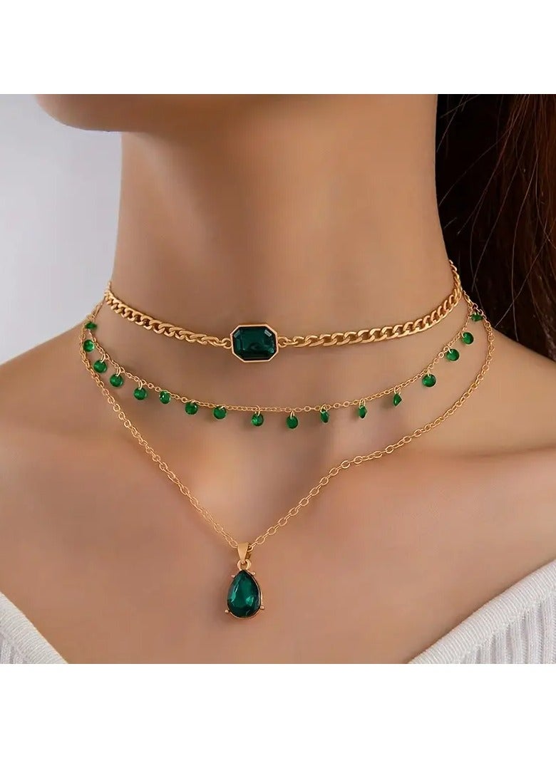 Goolsky Bohemian Vintage Style Imitation Green Faux Gemstone Pendant Necklace Multilayer Stacking Female Clavicle Chain Sweater Chain - Image 2