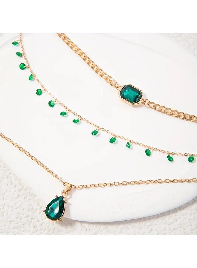 Goolsky Bohemian Vintage Style Imitation Green Faux Gemstone Pendant Necklace Multilayer Stacking Female Clavicle Chain Sweater Chain - Image 3