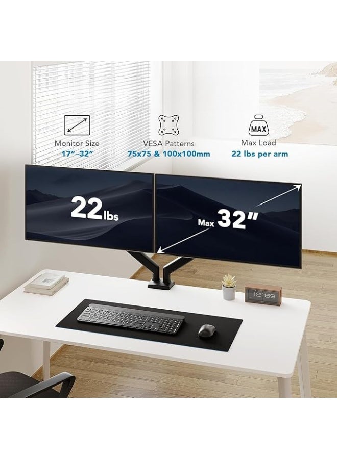Dual Monitor Arm Stand – Gas Spring Adjustable Mount for 10–32 Inch Screens – Height Adjustable, Tilt & Swivel – Space-Saving Desk Organizer - Image 3