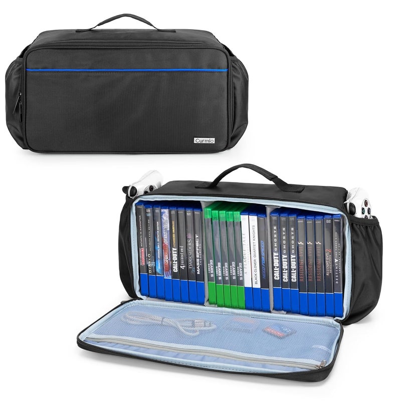 CURMIO Game Disc Storage Bag Holds Up to 24 Discs, Game Disk Travel Case Compatible for PS5/PS4/PS4 Pro/PS3/Xbox One/Xbox 360//Xbox Series X/S, Blue Stripe(Bag Only) - Image 1