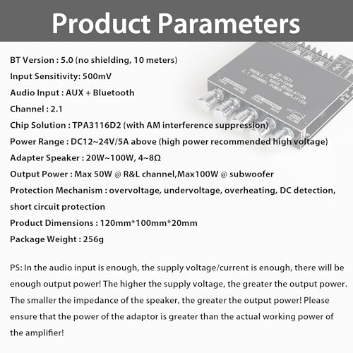 UwayKey ZK-TB21 Bluetooth Amplifier Board 2.1 Channel,50W+50W+100W Power Output Class D AMP Module with Dual TPA3116D2 Chip (ZK-TB21) - Image 3