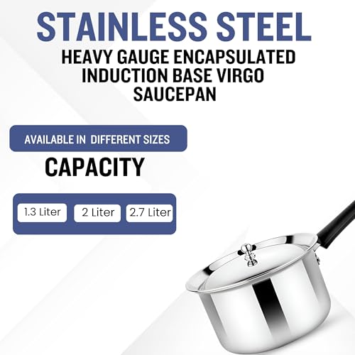 Prabha Heavy Gauge Encapsulated Base Stainless Steel Induction Base Virgo Saucepan, Sauce Pan, Cookware Pan with Steel Lid, Capacity 1.3 L, Size 16 cm - Image 3