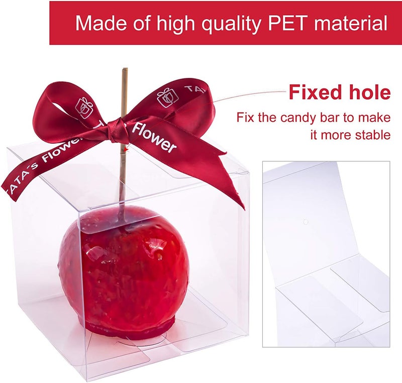 HAOHAN Clear Candy Apple Boxes with Hole 4"x 4"x 4" Transparent Favor Boxes Set of 20 Food-Grade Treat Box for Caramel Apples Cake Pops Cookies Chocolates (Clear, 20) - Image 3