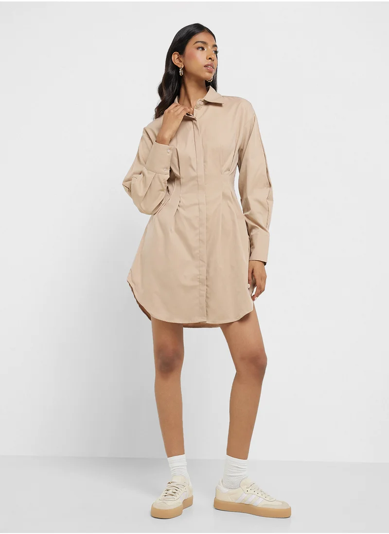 جينجر Clinched Waist Button Down Shirt Dress