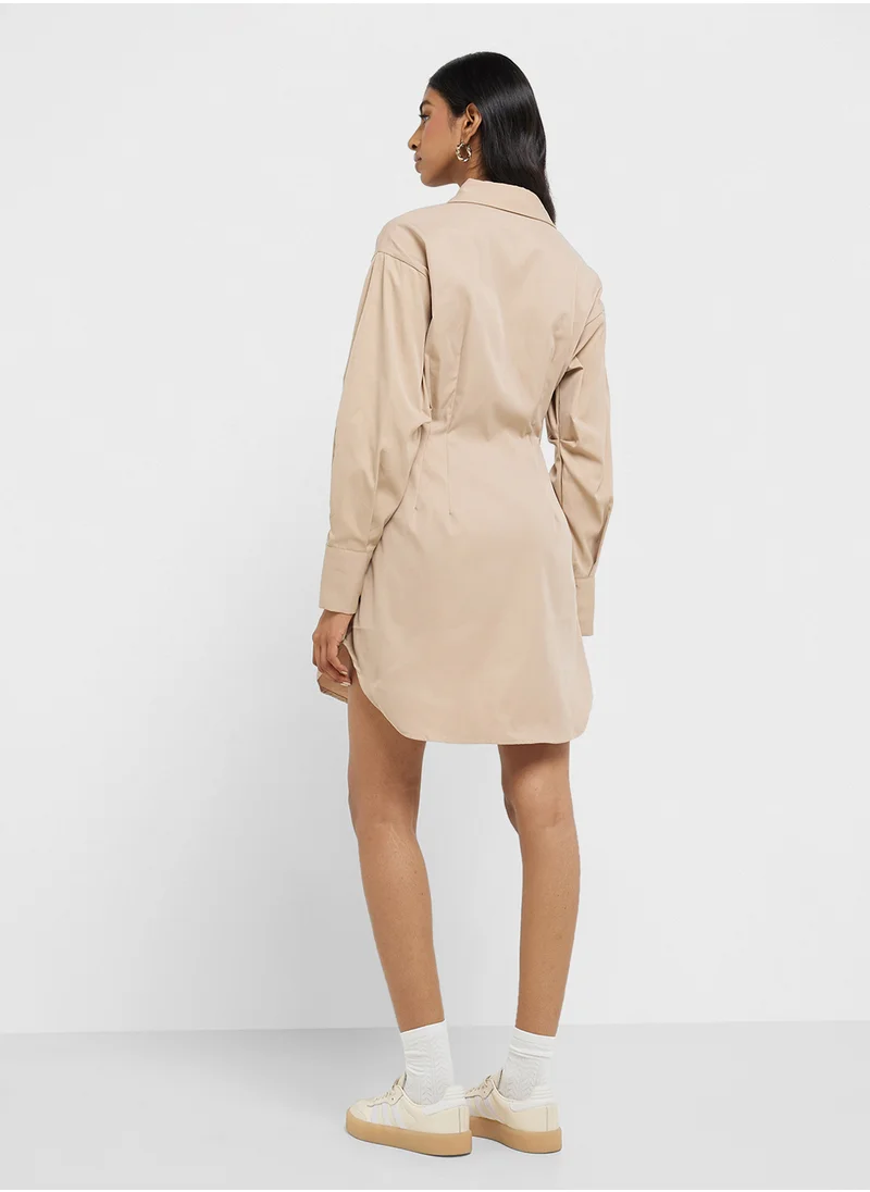 جينجر Clinched Waist Button Down Shirt Dress