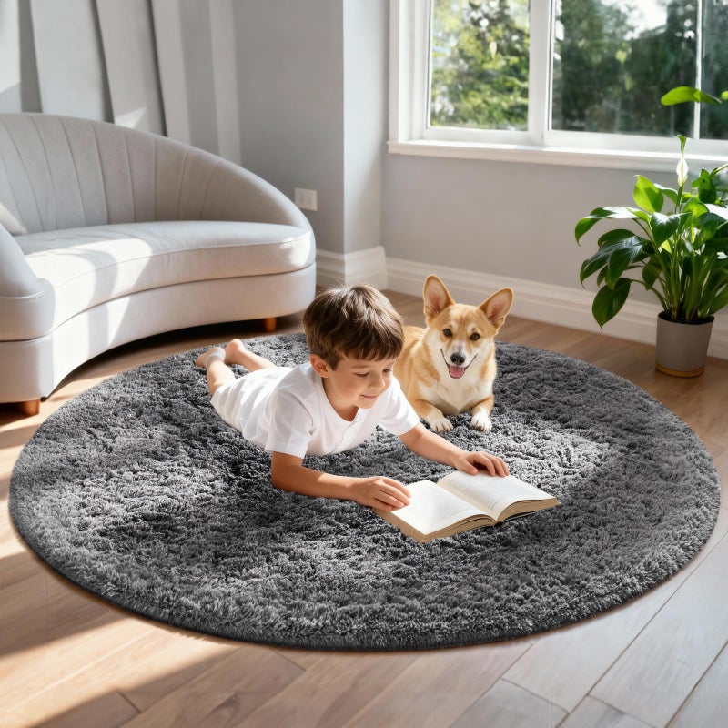Ophanie Round Rug 6Ft Grey Circle Area Rugs, Fluffy Fuzzy Large Bedroom Carpet 6 foot, Plush Shag Solid indoor Floor Gray Living Room Christmas Circular Aesthetic Decor for Kids Teen Boys Baby,Nursery - Image 3