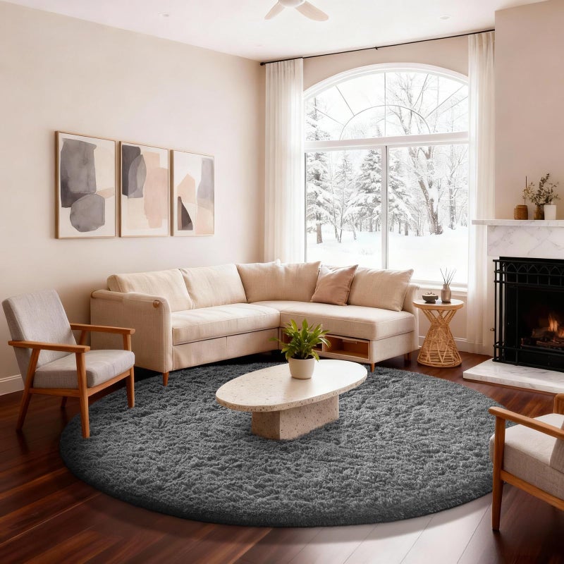 Ophanie Round Rug 6Ft Grey Circle Area Rugs, Fluffy Fuzzy Large Bedroom Carpet 6 foot, Plush Shag Solid indoor Floor Gray Living Room Christmas Circular Aesthetic Decor for Kids Teen Boys Baby,Nursery - Image 1
