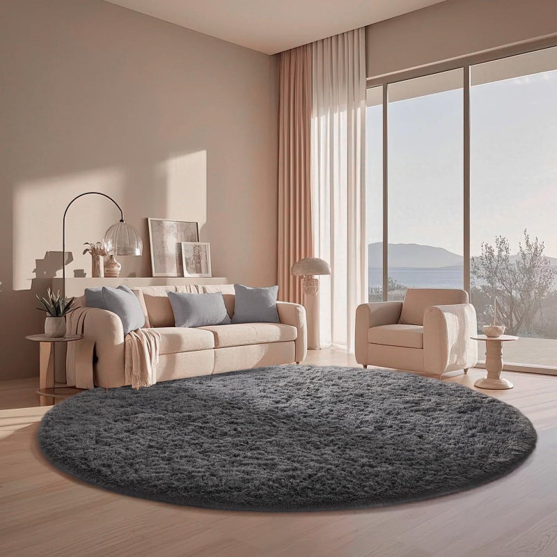 Ophanie Round Rug 6Ft Grey Circle Area Rugs, Fluffy Fuzzy Large Bedroom Carpet 6 foot, Plush Shag Solid indoor Floor Gray Living Room Christmas Circular Aesthetic Decor for Kids Teen Boys Baby,Nursery - Image 5