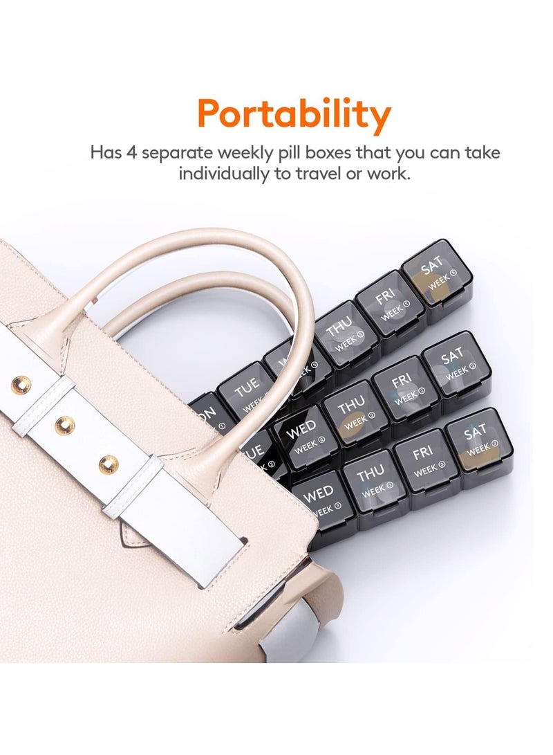 Monthly Pill Organizer, 28 Day Pill Box, 4 Weeks One Month Pill Cases, Vitamin Planner, Large Compartments Medicine Organizer for Fish Oils, Supplements, Black - Image 3