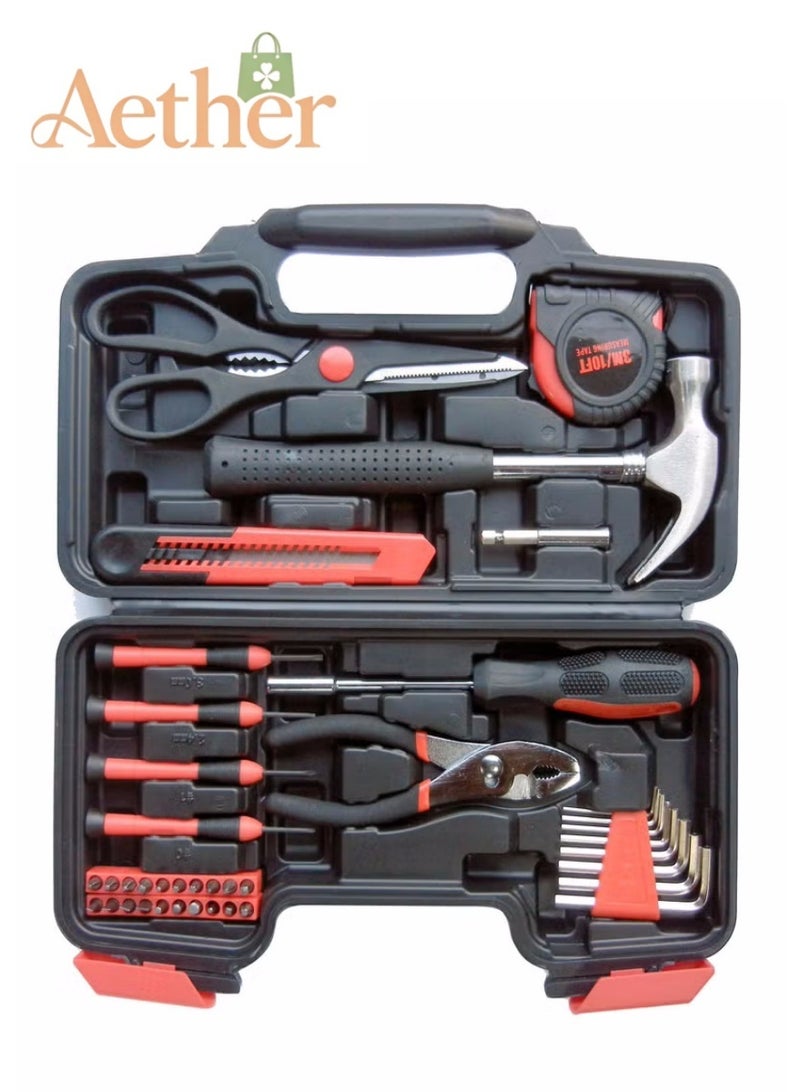 أثير مجموعة أدوات منزلية مكونة من 39 قطعة مع صندوق أدوات بلاستيكي، مجموعة أدوات يدوية عامة عالية الجودة لإصلاح المنزل والصيانة والتجميع والمشروعات اليدوية - Image 1